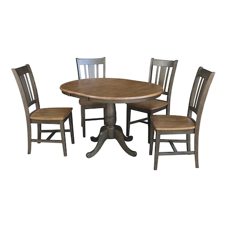 International Concepts Round 36 in Rd Extension Dining table, 4 RTA chairs, Hickory/Washed Coal, 36 W, 48 L, 29.3 in H, Wood K45-36RXT-C10-4